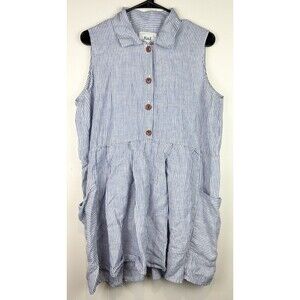 FLAX Jeanne Engelhart Blue White Striped Tunic Dress Lagenlook Linen, Medium